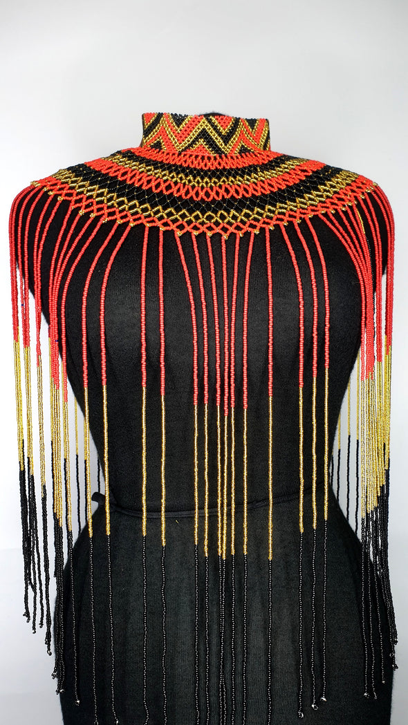 Beaded Maasai Cape with Tassle Red and Black